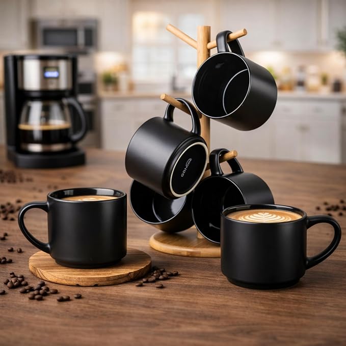 GBhome 14 OZ Coffee Mugs Set of 6, Stackable Matte Black Coffee Cups Set | - Image 7