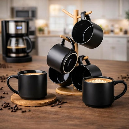 GBhome 14 OZ Coffee Mugs Set of 6, Stackable Matte Black Coffee Cups Set | - Image 7