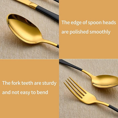 20-Piece Black and Gold Silverware Set 18/0 Stainless Steel Silverware Set Black Handle Cutlery Set Service for 4 Dinner Knives Forks Spoons Set Flatware Set Finish Dishwasher Safe