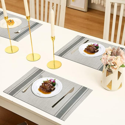 DACHUI Placemats Set of 8, Soft & Elegant Woven Vinyl Place Mats, Water Resistant, Heat Resistant, Washable, Durable Table Mats (Grey Stripes)