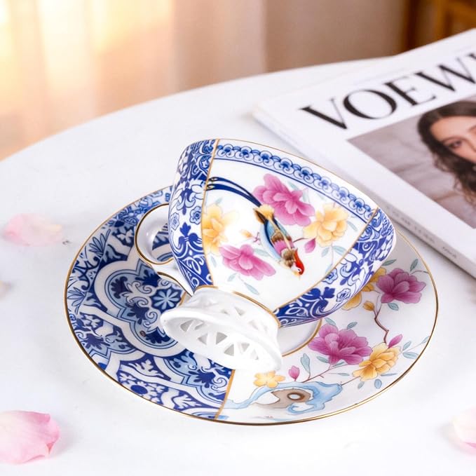 KAMMAK Tea Cups and Saucers Set of 2, Fine Bone China Coffee Cups, GH011 | - Image 5