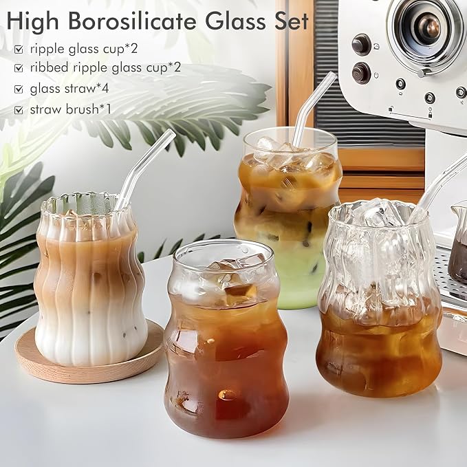 Ribbed Glass Cups Set of 4: 18OZ Vintage Aesthetic Iced Coffee Glasses - Image 3