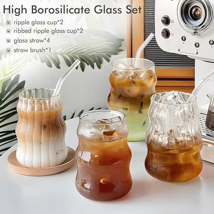 Ribbed Glass Cups Set of 4: 18OZ Vintage Aesthetic Iced Coffee Glasses - Image 3
