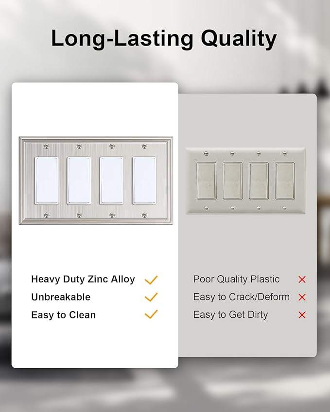 2-Pack Quad Decorator Outlet Cover Plate, Zinc Alloy Brushed Nickel Switch Plates and Outlet Covers, 4 Gang Wall Plates for Electrical Outlets, Receptacle, GFCI Outlet, Dimmer Switch