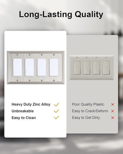 2-Pack Quad Decorator Outlet Cover Plate, Zinc Alloy Brushed Nickel Switch Plates and Outlet Covers, 4 Gang Wall Plates for Electrical Outlets, Receptacle, GFCI Outlet, Dimmer Switch