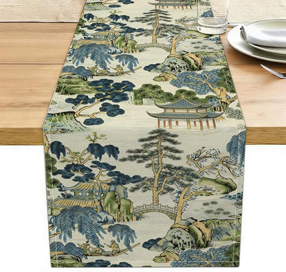 Chinoiserie Vintage Style Mountain Fall Table Runner, Japanese Table Runner | by Unknown