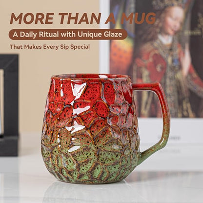 18oz Unique Red & Green Kiln-Change Ceramic Coffee Mug, Handcrafted Hammered - Image 6