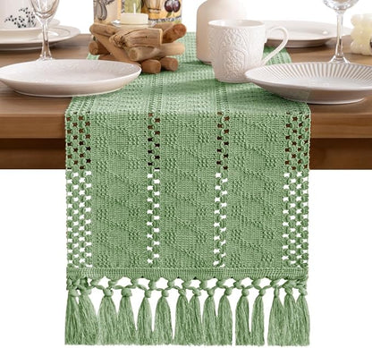 MLMW Boho Sage Green Table Runner Farmhouse Burlap Small Table Runner Dresser - Image 5