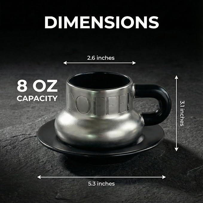 Volcanic Ash Titanium Finish Coffee Mug and Saucer Set | Modern Sculptural - Image 7