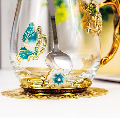 Flower Tea Cup, Butterfly Daisy Clear Glass Fancy Coffee Mug - Image 8
