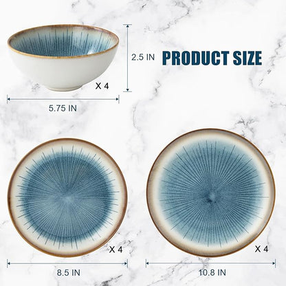 Blue Stoneware Dinnerware Set, 12 Pieces, Blue Stripe Marble, Dishwasher & Microwave Safe