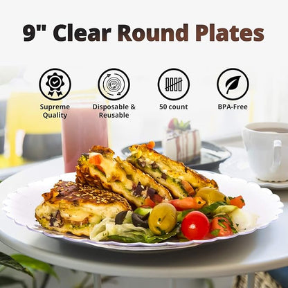 Premium Hard Plastic Plate Set 50 x 9” Clear Round Plates - Image 5