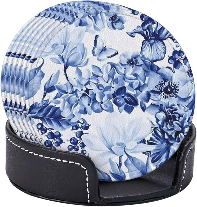 6 Pcs Blue and White Floral Leather Coasters - Image 6