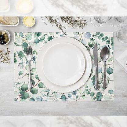 Eucalyptus Leaves Placemats Set of 4 Washable Table Place Mats for Dining Kitchen Party Decor