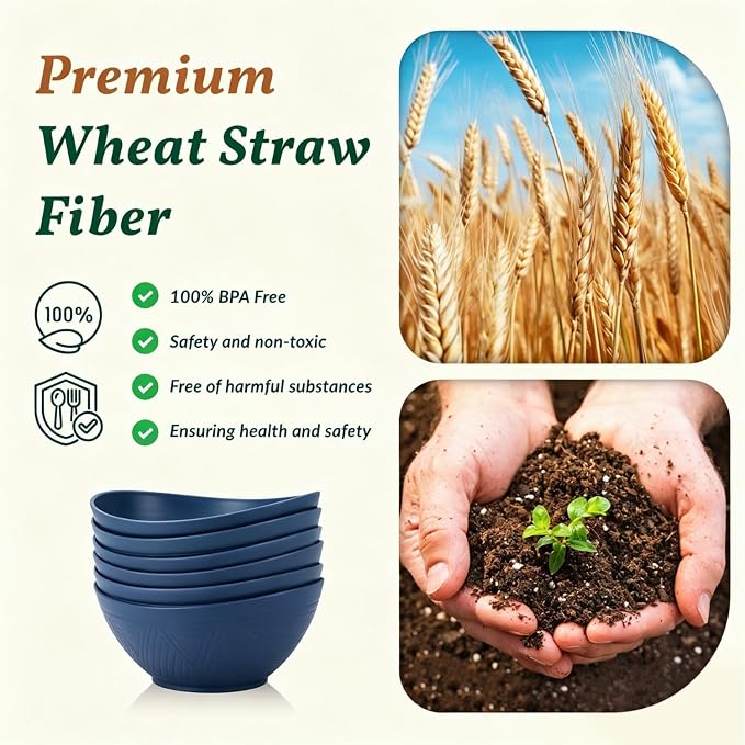 Wheat Straw Bowl Set of 6-60 OZ Large Salad Bowls, Microwave and Dishwasher - Image 3