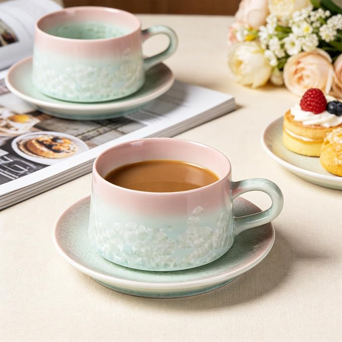 KAMMAK Tea Cups and Saucers Set of 2, 7.7 oz Glaze Coffee Mugs, JX001 | - Image 4
