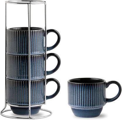 Hasense Navy Coffee Mugs Porcelain Set of 4 - 12 oz Stackable Coffee Cups by Hasense