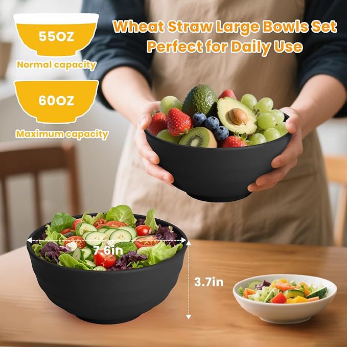 Unbreakable Big Bowl Set of 8: Alternative to Large Plastic Bowls - 60oz Wheat - Image 2