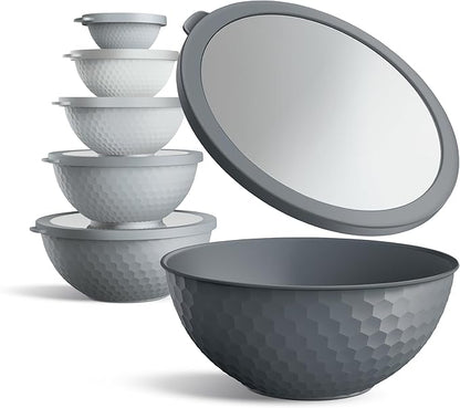 COOK WITH COLOR Mixing Bowls with Lids - 12 Piece Plastic Nesting Bowls Set includes 6 Prep Bowls and 6 Lids, Non Slip Bottom and Embossed Design - Microwave Safe (Grey)
