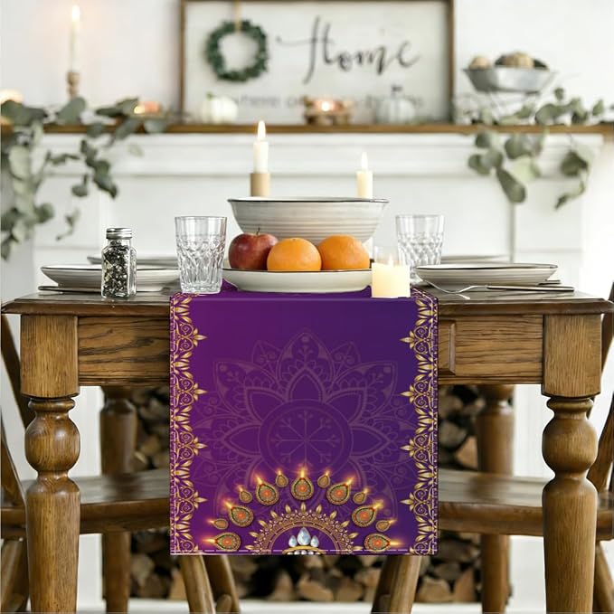 Linen Diwali Table Runner, Diwali Table Cloth Indian Table Decorations | Long - Image 3