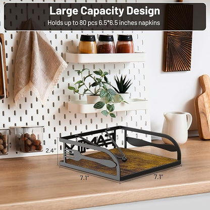 Napkin Holder for Table, Flat Napkin Holders with Weighted Arm, Wooden Kitchen Napkin Dispenser for Kitchen & Outdoor Dining Cocktail Picnic Bar Room Party Decor,Torched Wood and Black