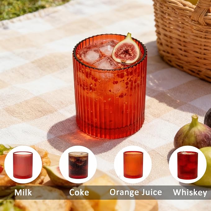 14 oz Ribbed Drinking Glasses Set of 6, High Clear Vintage Iced Coffee Cups - Image 5