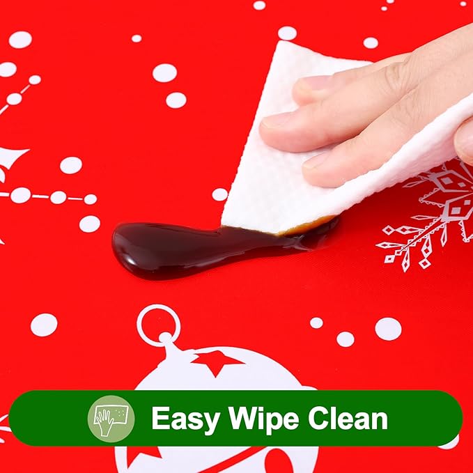Smiry Christmas Rectangle Table Cloth, Waterproof Vinyl Tablecloth with Flannel Backing, Wipeable Bell & Snowflake Plastic Tablecloths for Christmas Table Decorations, (52"x70", White & Red)
