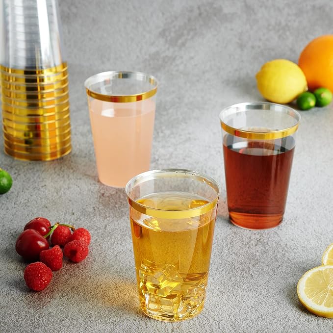 FOCUSLINE 200 Pack 12 oz Gold Rimmed Plastic Cups, Heavy-duty & Fancy - Image 3