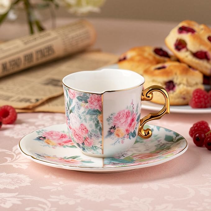 KAMMAK Tea Cups and Saucers Set of 2, 4 oz Porcelain Coffee Cups, YX013 | - Image 3