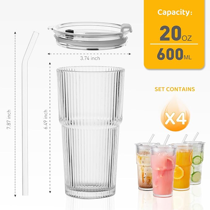 Wells 20oz Glass Cups with Lids and Straws, Ribbed Iced Coffee Cups, Thickened - Image 2