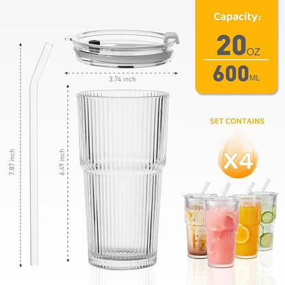 Wells 20oz Glass Cups with Lids and Straws, Ribbed Iced Coffee Cups, Thickened - Image 2