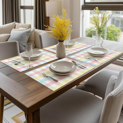 Artoid Mode Buffalo Plaid Vinyl Placemats Set of 4, 12x18 Inch Washable Non-Slip Heat Resistant Plastic Place Mats for Party Dining Table, Pink/Blue