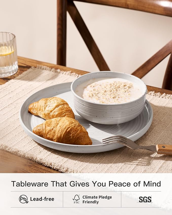 Stoneware Dinnerware Set for 8, Coupe Plates & Bowls, 24-Piece Speckled Spiral - Image 3