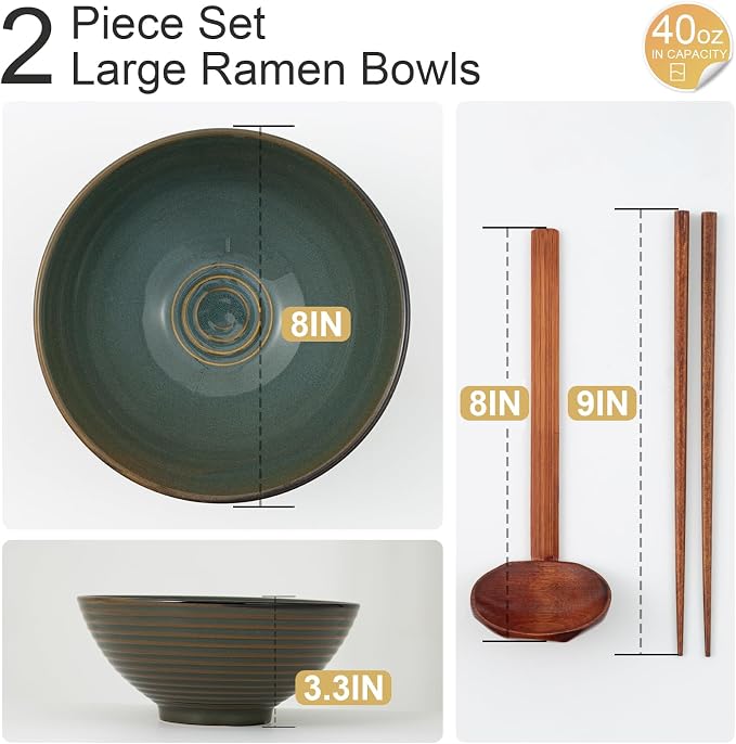 8 Inch Ceramic Ramen Bowl Set of 2, 40oz Japanese Bowls - Image 2