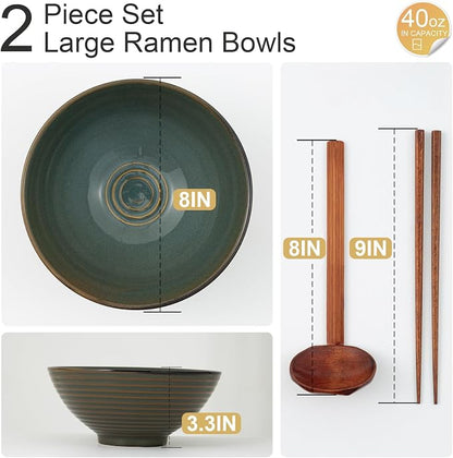 8 Inch Ceramic Ramen Bowl Set of 2, 40oz Japanese Bowls - Image 2