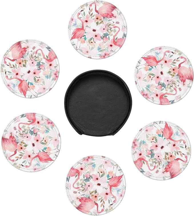 6 Pcs Watercolor Flamingo Tropical Floral Leaves Leather Coasters - Image 7