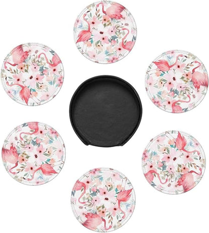 6 Pcs Watercolor Flamingo Tropical Floral Leaves Leather Coasters - Image 7