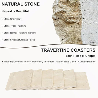 Square Travertine Coasters Set of 6, Porous Natural Stone Absorbent Coaster with Velvet Backing for Table Protection, Rustic Beige Marble Coasters for Home Table Decor, 4 Inches