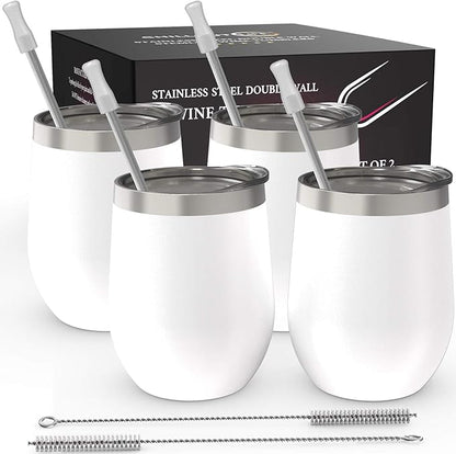 CHILLOUT LIFE 12 oz Stainless Steel Wine Tumblers 4 Pack - Double Wall Vacuum Insulated Wine Glasses Cups with Lids and Straws Set Keeping Cold & Hot for Coffee, Beer, Ice Cream - Powder Coated White