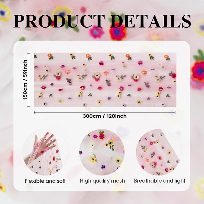Artoid Mode Pink Embroidery Daisy Gauze Table Runner 59x120 Inch 10FT | - Image 7
