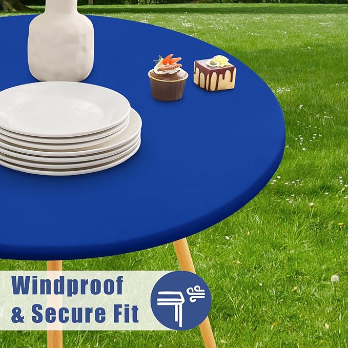Round Spandex Tablecloth 2 Pack, Elastic Fitted Waterproof Tablecloths for 31"-35" Tables, Stretch Washable Picnic Table Cover for Camping, Dining, Indoor and Outdoor, Blue