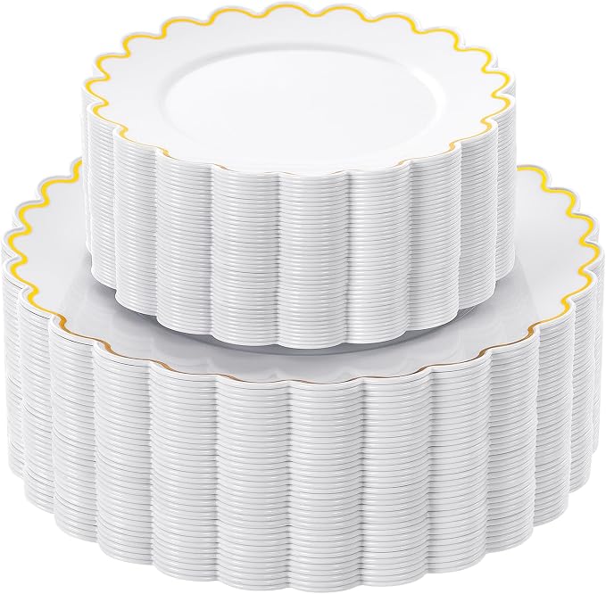 LIYH 100Pcs White Gold Plastic Plates Heavy Duty Disposable Party Set | by LIYHLoveinyourheart