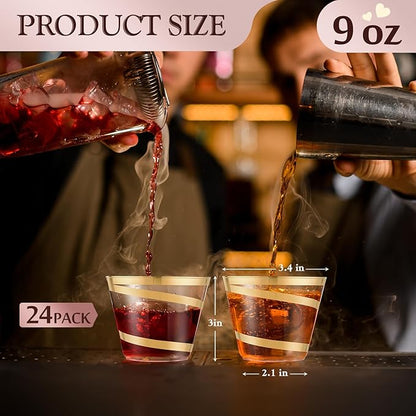 Gejoy 9 oz Rimmed Swirl Plastic Cups Disposable Wine Drinking Cups Clear Elegant Halloween Tumblers for Christmas Party Supplies(Gold,24 Pcs)