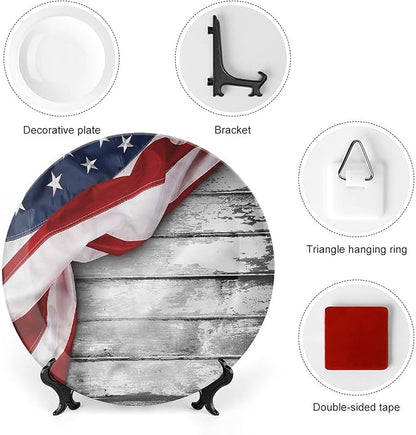 Ceramic Plates, American Flag Decorative Ceramic Plates, Flag on Wood Planks, 10 Inch, Household Plates Decorative, Multicolor