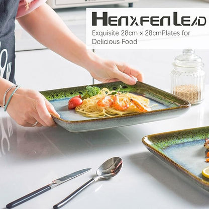HENXFEN LEAD Square Ceramic Dinner Plates 11 Inch – Large Stoneware Serving Plates Set of 4 for Steak, Pasta & Salad, Microwave & Dishwasher Safe – Reactive Glaze Green