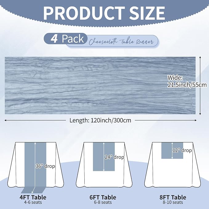 4 Pack Dusty Blue Cheesecloth Table Runner 10Ft, Gauze Table Runners 21.5 x 120 - Image 2