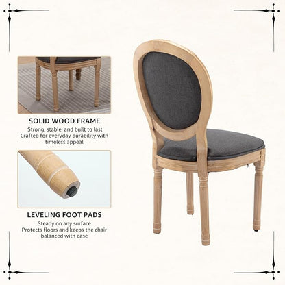 Vintage French Dining Chairs Set of 4, Round Back Accent Chairs with Linen Seat and Solid Wood Frame, Farmhouse Sillas de Comedor Upholstered for Dining Room & Kitchen, Gray