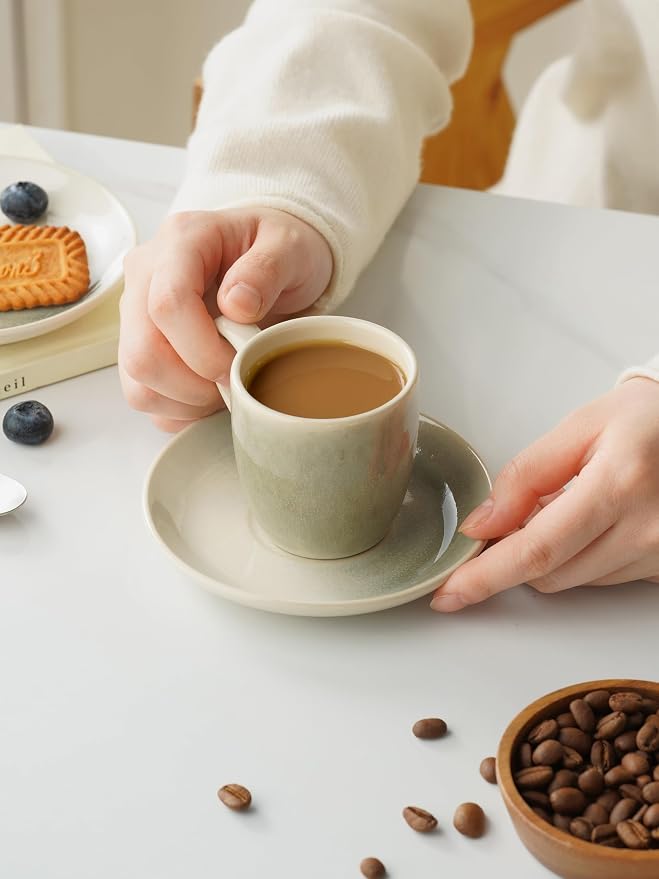 famiware 3oz Espresso Cups and Saucers, Sage Green | Ceramic Small Coffee Mug - Image 3