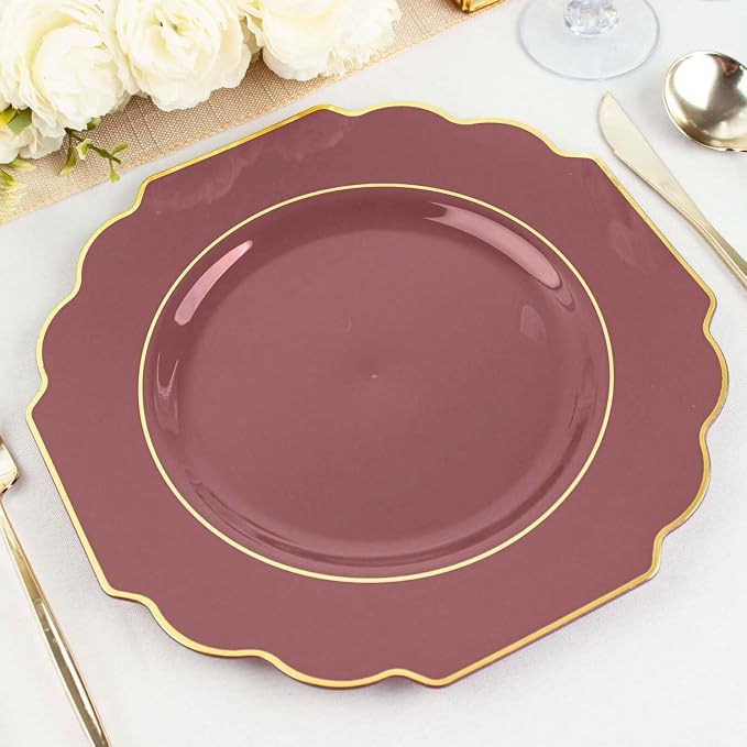 Cinnamon Rose Hard Plastic Dinner Plates, 50 Pack 11" Disposable Round Baroque by TCFLinen