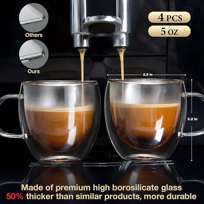 Mfacoy Double Wall Insulated Glasses Espresso Cups Set of 4, 5 oz Clear Coffee - Image 3